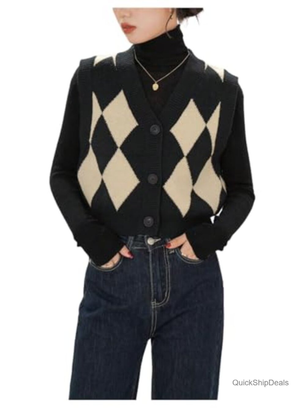 Sleeveless Argyle Plaid Sweater Vest V Neck Button Down Knit Top